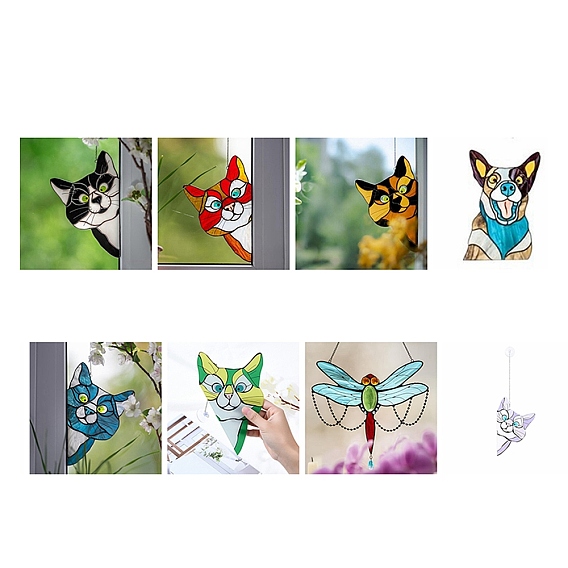Stained Acrylic Cat/Dog/Dragonfly Window Hanger Panel, for Suncatcher Window Hanging Decoration
