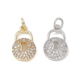 Brass Micro Pave Cubic Zirconia Pendants, with Jump Ring, Lock Charm