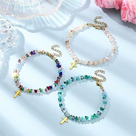 3Pcs 3 Colors Alloy Cross Charm Bracelets, Electroplate Glass Beads Stretch Bracelets for Women, Triangle, Faceted