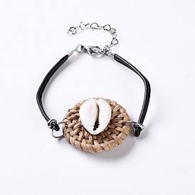 Handmade Reed Cane/Rattan Woven Multi-strand Bracelets, with Cowrie Shell, Cowhide Leather Cord and 304 Stainless Steel Lobster Claw Clasps, Flat Round