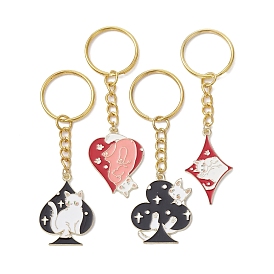 4Pcs 4 Styles Alloy Enamel Pendants Keychain, with Iron Keychain Ring, Playing Cards with Cat