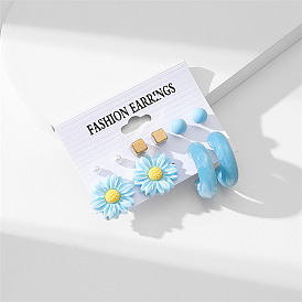 5 пары серег-гвоздиков из акрилового сплава, цветок, С-образный, круглый, кубический, cmолой