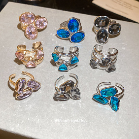 Bagues ouvertes en alliage et strass, triangle/rectangle, or / platine