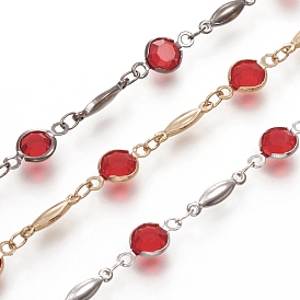 Handmade Brass Curb Chains, Soldered, with Red Flat Round Glass Beads and Rhombus Link Chains, Long-Lasting Plated, with Spool