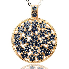 Alloy Enamel Pendants, Flat Round with Flower Pattern, Golden, 57x45x4mm, Hole: 7x10mm