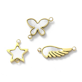 Ion Plating(IP) 304 Stainless Steel Pave White Shell Star/Wing/Butterfly Connector Charms, Polished, Real 18K Gold Plated