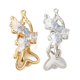 Brass Micro Pave Clear Cubic Zirconia Fold Over Clasps, with Glass & Enamel, Butterfly