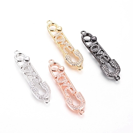 Brass Micro Pave Cubic Zirconia Links Connectors, Safety Pin Shape with Word Love, For Valentine's Day