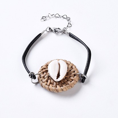 Handmade Reed Cane/Rattan Woven Multi-strand Bracelets, with Cowrie Shell, Cowhide Leather Cord and 304 Stainless Steel Lobster Claw Clasps, Flat Round
