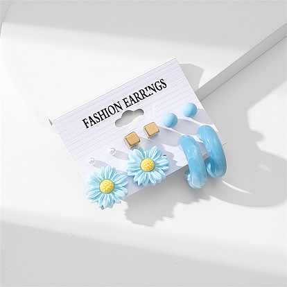 5 пары серег-гвоздиков из акрилового сплава, цветок, С-образный, круглый, кубический, cmолой