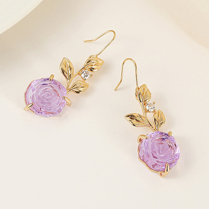 Purple Crystal Rose Earrings - French Style, Elegant, Zirconia, Fairy Jewelry.