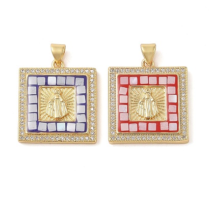 Brass & Shell & Clear Cubic Zirconia Pendants, Cadmium Free & Lead Free, Square with Virgin Mary Pattern, Real 18K Gold Plated