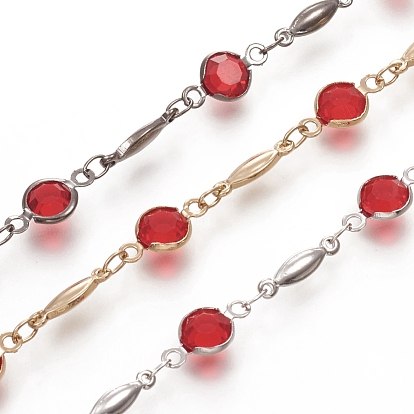 Handmade Brass Curb Chains, Soldered, with Red Flat Round Glass Beads and Rhombus Link Chains, Long-Lasting Plated, with Spool