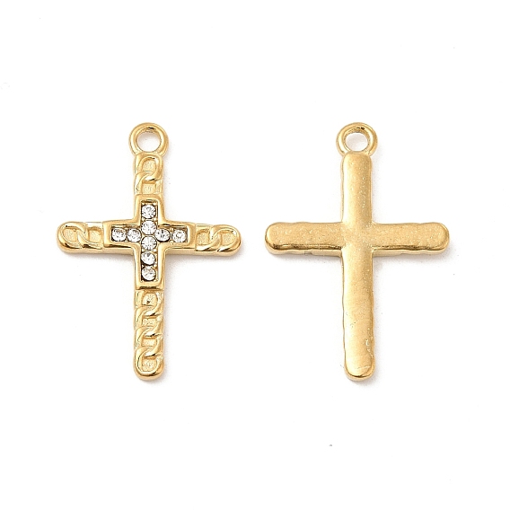 Vacuum Plating 201 Stainless Steel with Rhinestone Pendants, Religion Cross Charms, Real 18K Gold Plated