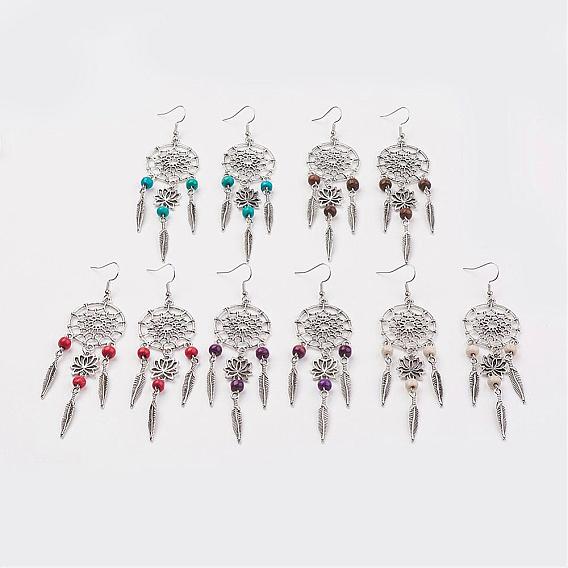 Alloy Chandelier Earrings, with Wood Beads and Brass Earring Hooks