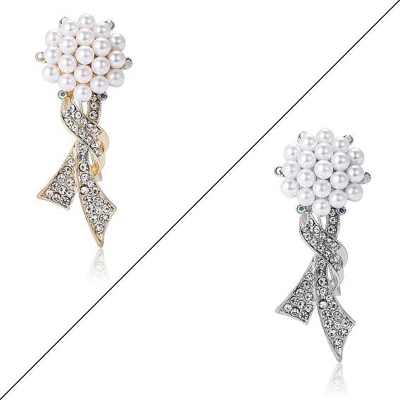 Брошь из цветочной ленты со стразами и кристаллами, с имитацией жемчуга