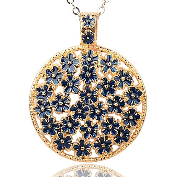 Alloy Enamel Pendants, Flat Round with Flower Pattern, Golden, 57x45x4mm, Hole: 7x10mm