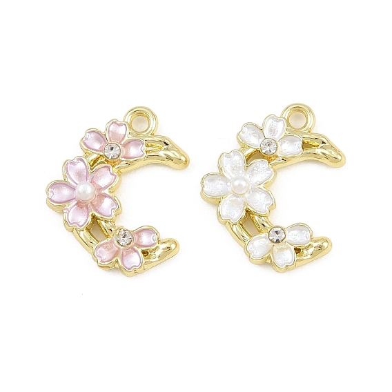 Aleación con colgantes de esmalte, con diamantes de imitación de cristal y perlas de imitación de plástico abs, dijes de luna y flores, larga duración plateado, chapado en rack, dorado