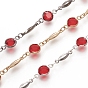 Handmade Brass Curb Chains, Soldered, with Red Flat Round Glass Beads and Rhombus Link Chains, Long-Lasting Plated, with Spool