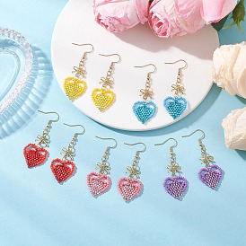 Серьги-сердечки из стеклянных бусин ручной работы, со звеньями из сплава с бантом, золотые