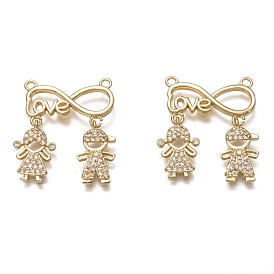 Brass Micro Pave Clear Cubic Zirconia Links Connectors, Long-Lasting Plated, for Valentine's Day, Infinity with Word Love & Boy & Girl
