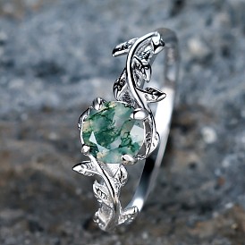 Овал и лист 925 кольца из стерлингового серебра с моховым агатом