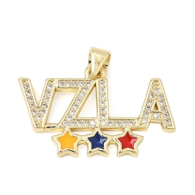 Brass Micro Pave Clear Cubic Zirconia Pendants, Word VZLA with Star Charms, with Enamel, Rack Plating, Long-Lasting Plated, Cadmium Free & Lead Free