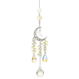 Glass Teardrop/Cone Pendant Decoration, Hanging Suncatchers, with Moon Tibetan Style Alloy Pendants
