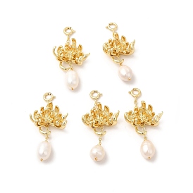 Natural Pearl Spring Ring Clasp Charms, with Brass Flower Pendants