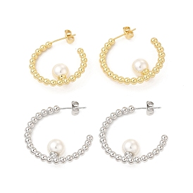 ABS Imitation Pearl Beaded Ring Stud Earrings, Brass Half Hoop Earrings for Women