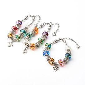 304 Stainless Steel European Bracelets, with Alloy European Beads and Glass Beads, Heart, Colorful