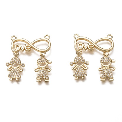 Brass Micro Pave Clear Cubic Zirconia Links Connectors, Long-Lasting Plated, for Valentine's Day, Infinity with Word Love & Boy & Girl