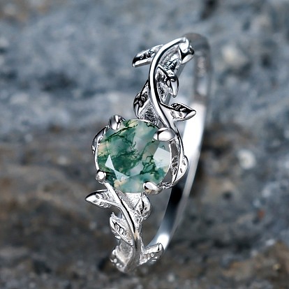 Овал и лист 925 кольца из стерлингового серебра с моховым агатом