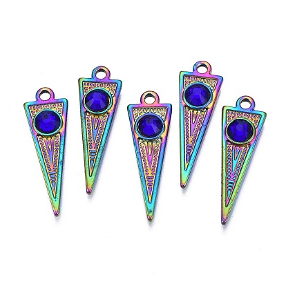 Rack Plating Rainbow Color Alloy Pendants, with Rhinestone, Cadmium Free & Nickel Free & Lead Free, Triangle Charms