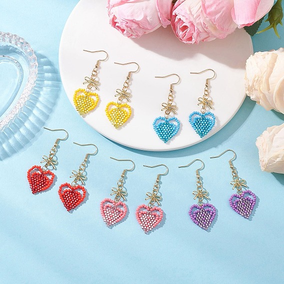 Серьги-сердечки из стеклянных бусин ручной работы, со звеньями из сплава с бантом, золотые