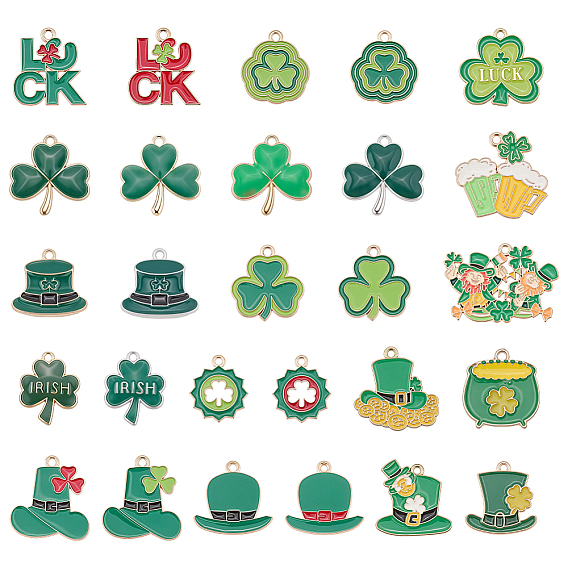 42Pcs 27 Styles Saint Patrick's Day Theme Alloy Enamel Pendants, Mixed Shapes