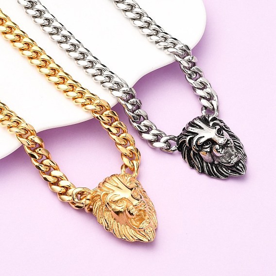 304 кулон в виде головы льва из нержавеющей стали с кубинской цепочкой, ионное покрытие (ip)