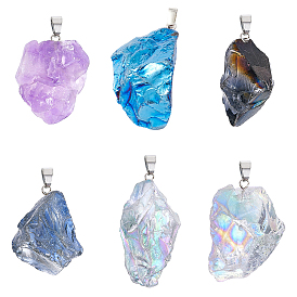 12Pcs 6 Style Natural Amethyst & Crystal Pendants, with Platinum Tone Alloy Finding, Rough Raw, Nuggets