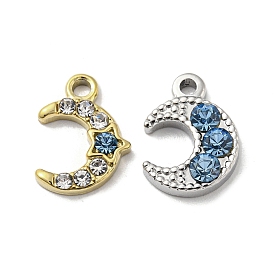 304 Stainless Steel Charms, with Aquamarine Rhinestone, Crescent Moon