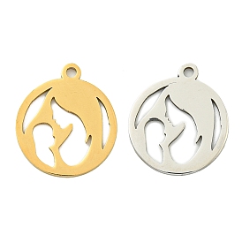 201 Stainless Steel Pendants, Flat Round with Mom Charm, Laser Cut