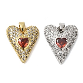 Rack Plating Brass & Cubic Zirconia Pendants, Cadmium Free & Lead Free, Long-Lasting Plated, Heart, Red