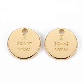 Rack Plating Alloy Charms, Cadmium Free & Lead Free, Flat Round with Word I Love You