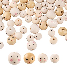 80Pcs 4 Style Natural Wood European Beads, Large Hole Beads, Round with Face