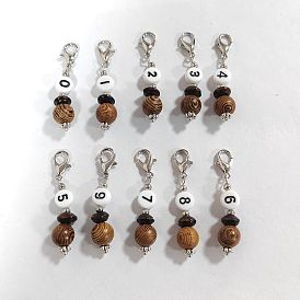 10pcs 10 numéro de styles 0~9 marqueur de point de verrouillage pendentif en acrylique et en bois, fermoirs à pince de homard en alliage de zinc marqueur de point de verrouillage