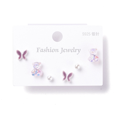 Bling Bear & Butterfly & Round Resin Stud Earrings Set for Girl Women, with 925 Sterling Silver Plated Pins