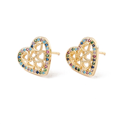 Colorful Cubic Zirconia Heart Stud Earrings, Brass Jewelry for Women, Lead Free & Cadmium Free