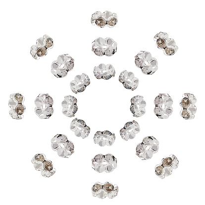 150Pcs 3 Style Brass Rhinestone Spacer Beads, Grade A, Wavy Edge, Silver Color Plated, Rondelle