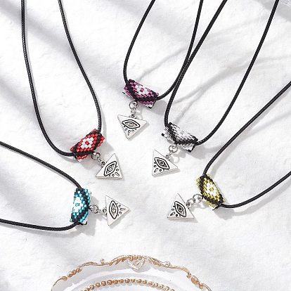 Ожерелья из стеклянных бусин и сплава с подвесками в виде треугольников от сглаза, ожерелья из черного вощеного хлопкового шнура для женщин, античное серебро