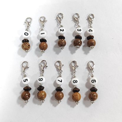 10pcs 10 numéro de styles 0~9 marqueur de point de verrouillage pendentif en acrylique et en bois, fermoirs à pince de homard en alliage de zinc marqueur de point de verrouillage