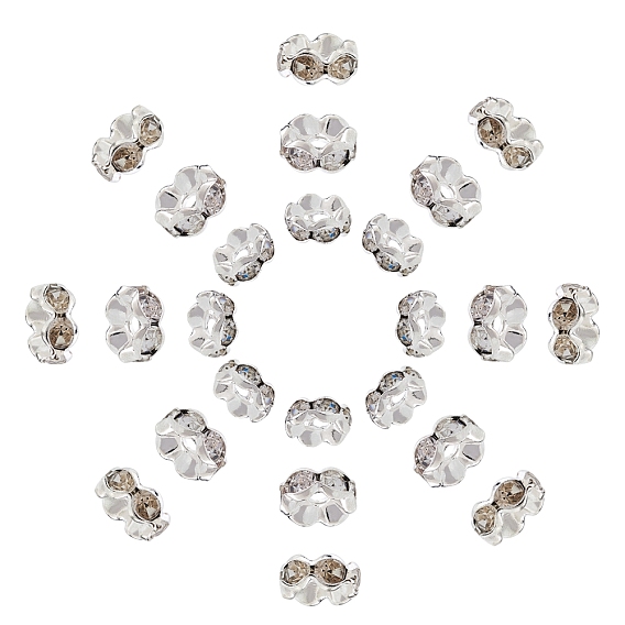 150Pcs 3 Style Brass Rhinestone Spacer Beads, Grade A, Wavy Edge, Silver Color Plated, Rondelle
